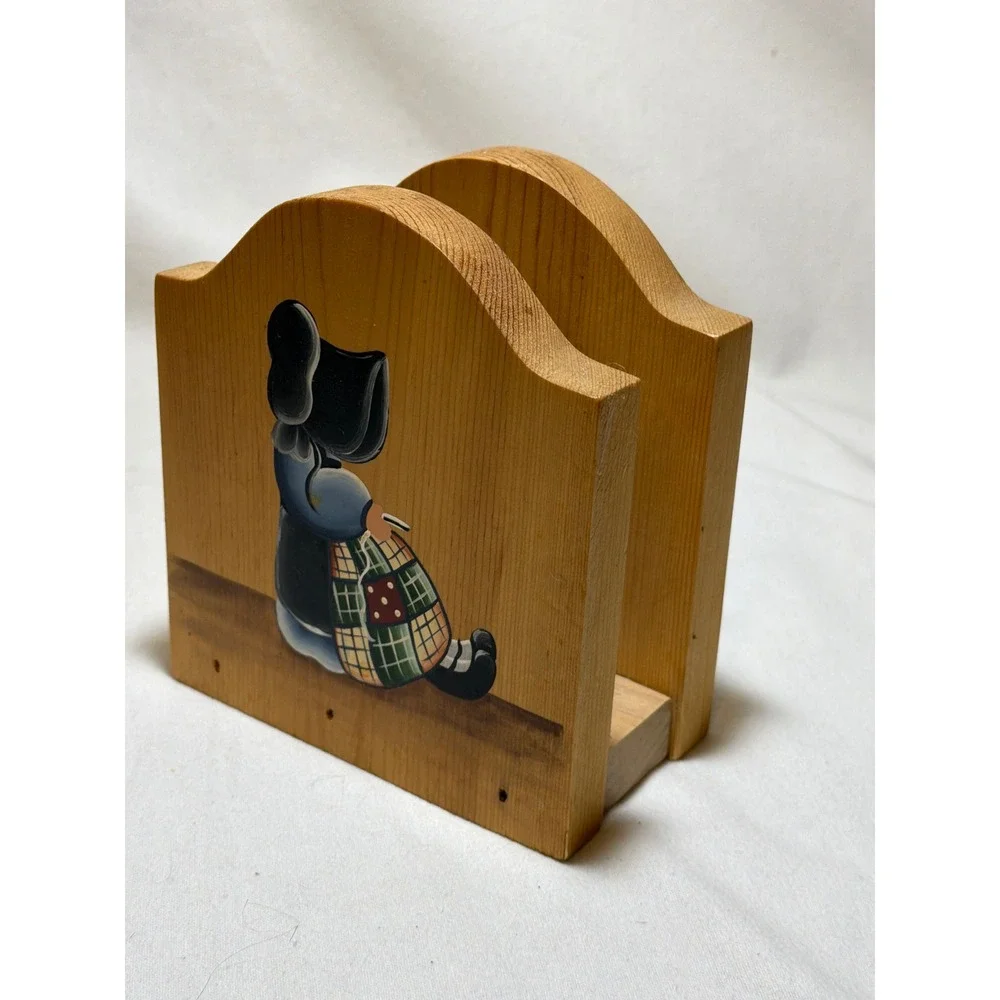 Vintage Hand Painted Wood Napkin Holder Folk Art Girl Star Farmhouse Decor